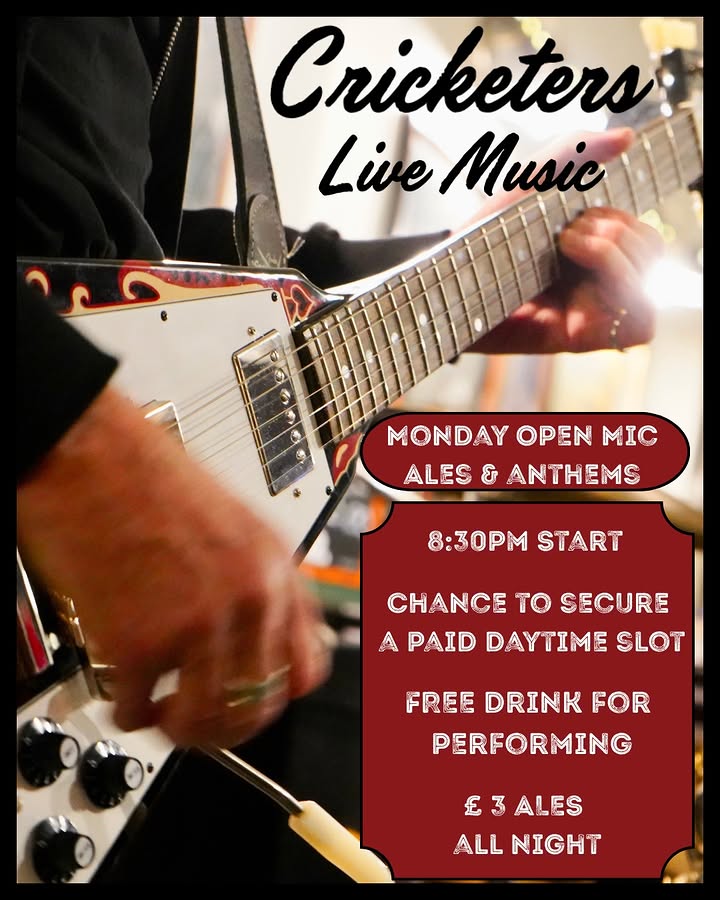 Instagram post from The Cricketers Arms showing a guitarist playing, with text reading Cricketers Live Music, Monday Open Mic, Ales and Anthems, 8:30pm start
